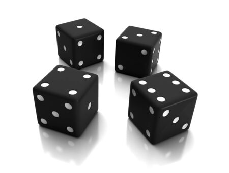 3d render of black dices over white reflective backgroundの写真素材