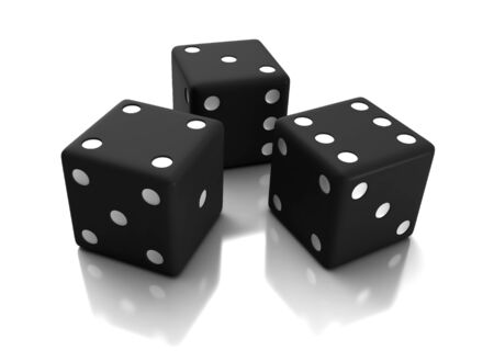3d render of black dices over white reflective backgroundの写真素材