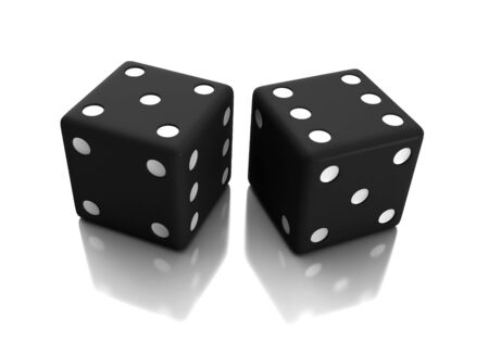 3d render of black dices over white reflective backgroundの写真素材