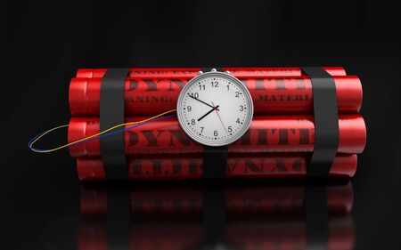 3d render of dynamite sticks with clockwork on black backgroundの写真素材