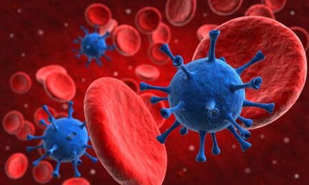 3d render of coronavirus on abstract red backgroundの写真素材
