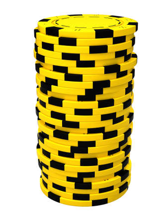 3d render of yellow casino chips pile isolated over white backgroundの写真素材