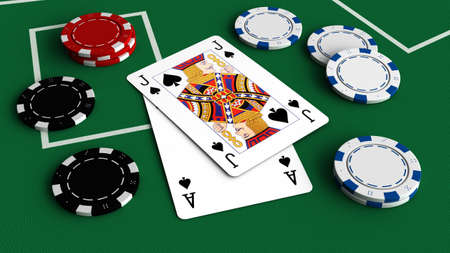 3d render of playing cards in Blackjack combination and chipsの写真素材