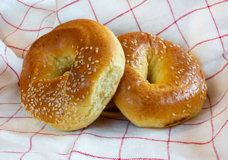 Sesame rolls on kitchen towel backgroundの写真素材