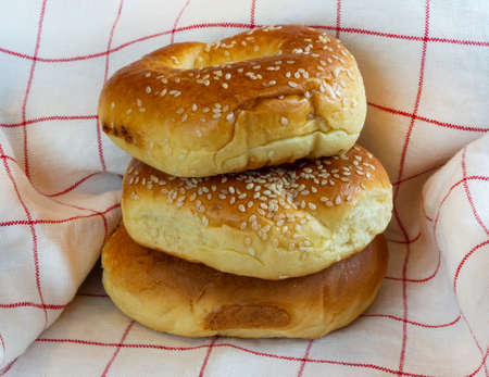 Sesame rolls on kitchen towel backgroundの写真素材