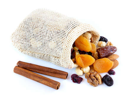 Dried fruits and nuts in a sack on white backgroundの写真素材