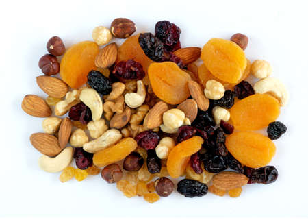 Dried fruits and nuts on white backgroundの写真素材