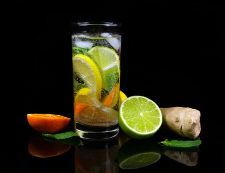 Glass of fresh lemonade and pieces of cut lemon fruits on black reflective backgroundの写真素材