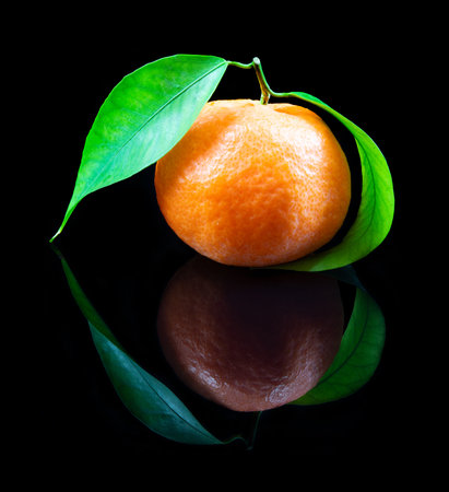 Tangerine on reflective black studio backgroundの写真素材