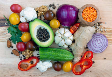 Top view of different vegetables and spices setの写真素材