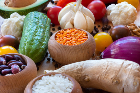 Close up of different vegetables and spices setの写真素材