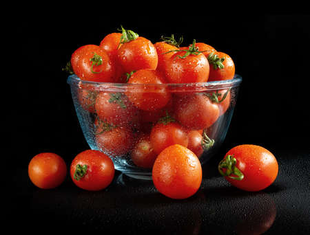 Cherry tomatoes on black reflective backgroundの写真素材