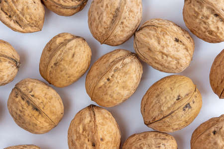 Whole solid walnuts on white backgroundの写真素材