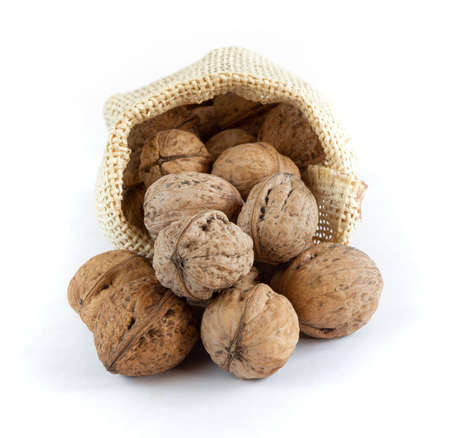 Walnuts in a sack on white backgroundの写真素材