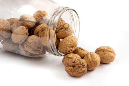 Whole solid walnuts in a jar on white backgroundの写真素材