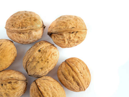 Whole solid walnuts on white backgroundの写真素材
