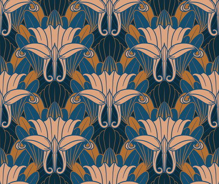 Seamless Art Nouveau Pattern with Aquilegia Flowers in Blue and Copperのイラスト素材