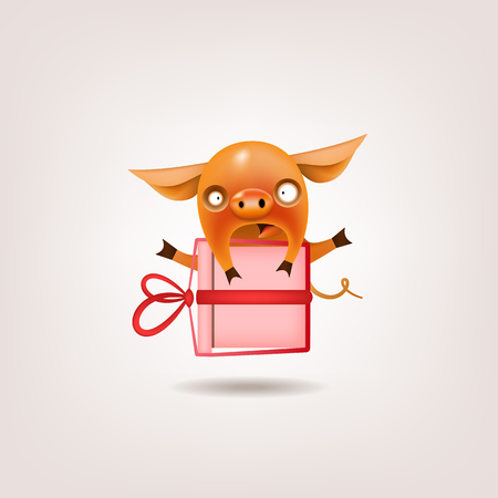 The symbol of the Valentine's Day year is a funny little orange pig surprised by a festive gift. It poses on a light background. Vector illustration.のイラスト素材