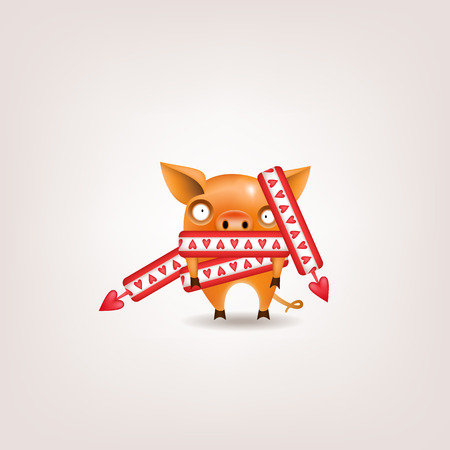 Valentine's Day orange piglet wrapped in a red background. Vector illustration.のイラスト素材