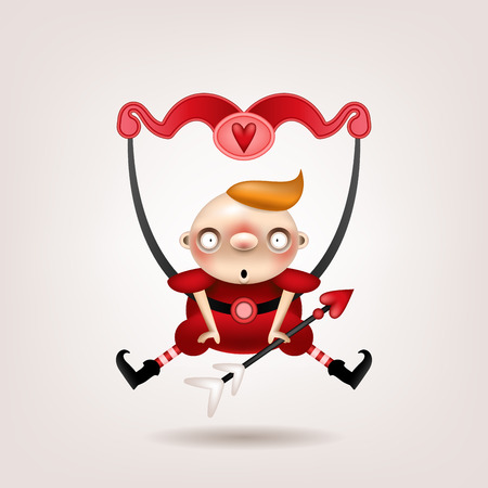 Greeting card, invitation. Funny little blond boy with an arrow and a bow of cupid posing on a light background. Vector illustration.のイラスト素材