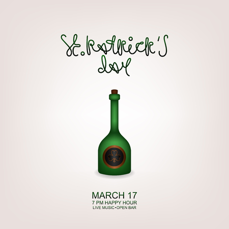 Happy St. Patrick's Day! Greeting card, flyer, invitation to a holiday or a party. Greeting inscription and green bottle with shamrock symbol on a light background. Vector illustration.のイラスト素材