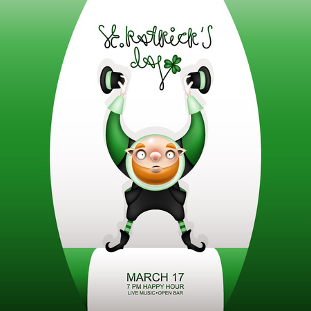 Postcard, flyer, invitation to a holiday or a party. Greeting inscription, flag and character with a red beard. Funny cartoon bald leprechaun raised up his hands with hats. Vector illustration.のイラスト素材