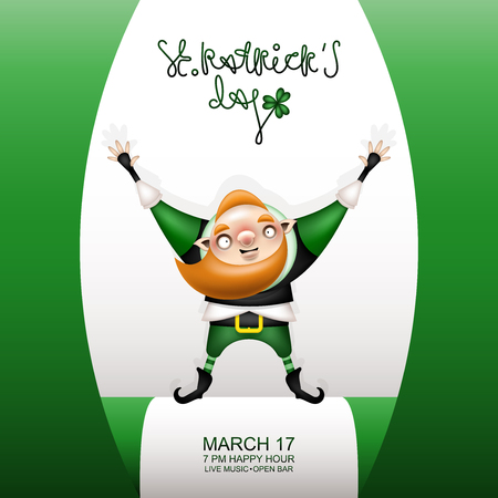 Postcard, flyer, invitation to a holiday or a party. Congratulatory lettering, flag and character with a red beard in a festive costume. Funny cartoon festive red-haired leprechaun raised his hands up. Vector illustration.のイラスト素材