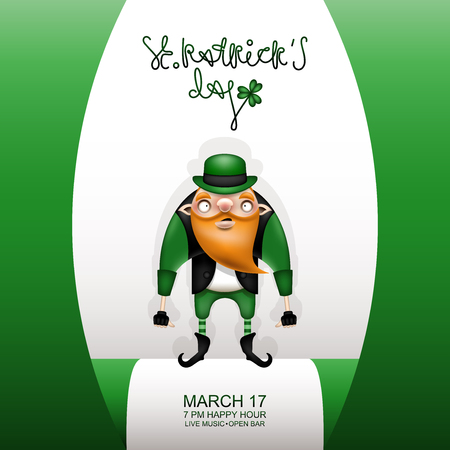 Happy St. Patrick's Day! Postcard, flyer, invitation to a holiday or a party. Greeting inscription, green flag and character with a red beard. Funny cartoon leprechaun posing in a green hat. Vector illustration.のイラスト素材