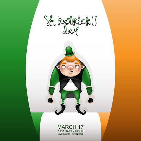 Postcard, flyer, invitation to a holiday or a party. Congratulatory inscription, Irish flag and red-haired character in a small green hat. Funny cartoon young leprechaun. Vector illustration.のイラスト素材