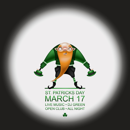 Happy Patricks Day! Greeting card, flyer, invitation to a holiday or a party in retro style. A funny bald leprechaun with a long red beard poses in a festive costume. Vector illustration.のイラスト素材