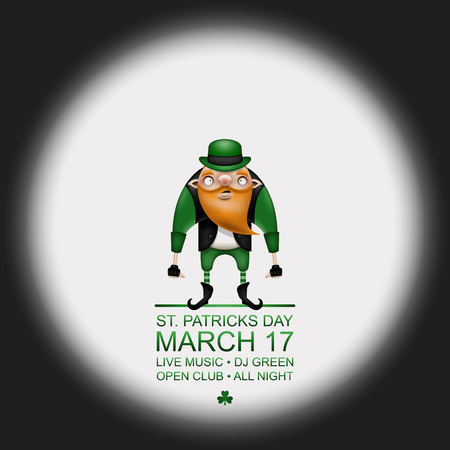 Happy Patricks Day! Greeting card, flyer, invitation to a holiday or a party in retro style. A funny bald leprechaun with a long red beard poses in a festive costume. Vector illustration.のイラスト素材