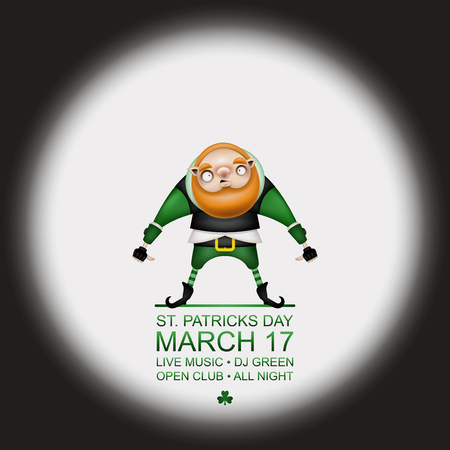 Happy Patricks Day! Greeting card, flyer, invitation to a holiday or a party in retro style. A funny leprechaun with a red beard and hair poses in a festive costume. Vector illustration.のイラスト素材