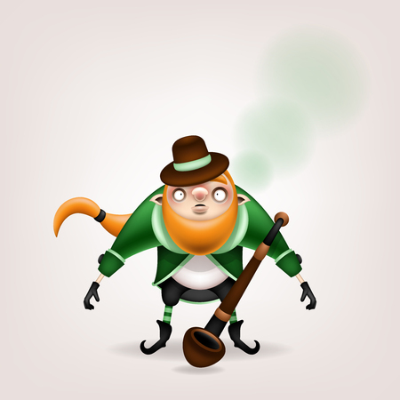 Happy St. Patrick's Day! Postcard, flyer, invitation. A character with a red beard with a tobacco pipe posing on a light background. Cartoon funny leprechaun lets out green smoke. Vector illustration.のイラスト素材