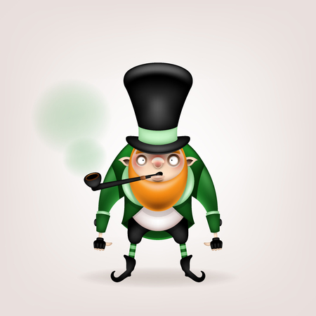 Happy St. Patrick's Day! Postcard, flyer, invitation. A character with a red beard in a big black hat posing on a light background. Cartoon funny gnome with a tobacco pipe in his mouth. Vector illustration.のイラスト素材