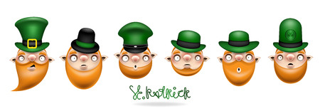 Happy St. Patrick's Day! Heads of leprechauns in different green hats. A collection of different funny cartoon faces of a gnome. Isolated on white background. Vector illustration. Set 1.のイラスト素材