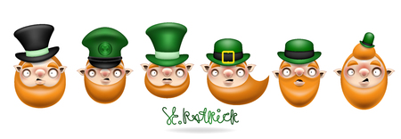 Happy St. Patrick's Day! Heads of leprechauns in different green hats. A collection of different funny cartoon faces of a gnome. Isolated on white background. Vector illustration. Set 3.のイラスト素材