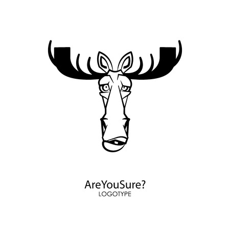 The head of a funny serious moose with big horns. Sticker, pattern, background, decoration. Vector illustration. Cartoon character forest dweller. Are you sure?のイラスト素材