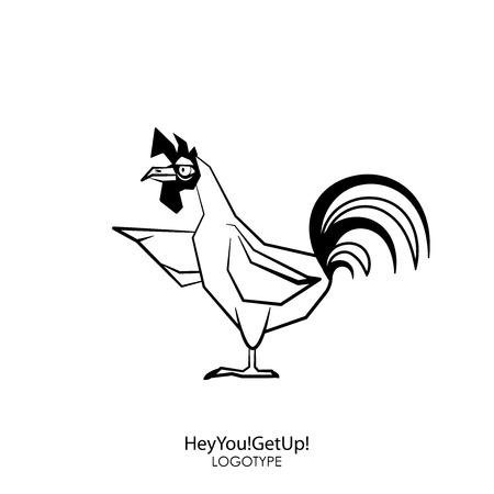 Cartoon character farm bird. Funny cool cock with a comb is standing and showing the direction of the wing on a white background. Vector illustration. The hen house hero.のイラスト素材