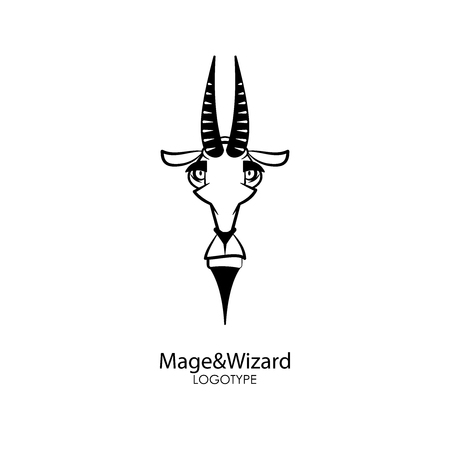 The head of a funny wise goat on a white background. Sticker, pattern, background, wall decoration. Vector illustration. Cartoon animal character. Eastern wisdomのイラスト素材