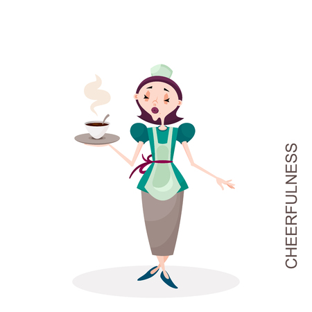 Character maid or waitress. Young beautiful slim woman with painted lips in uniform carries on her palm a white cup with a hot drink. Vector illustration in cartoon style.のイラスト素材