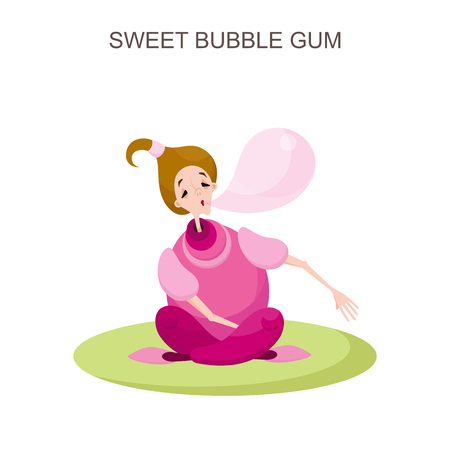 Rest of the character on the lawn. A young teenage girl in pink clothes sits on the grass and inflates a pink bubble of chewing gum. Vector illustration in cartoon style.のイラスト素材