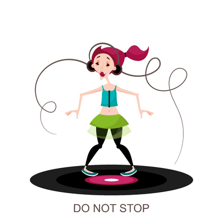 Dance character on the disk. A young teenager girl with pink hair listens to music on headphones and dances. Vector illustration in cartoon style.のイラスト素材