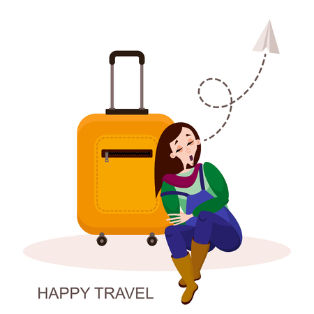 Ride, trip. Character traveler. A young tired girl dozed off on her suitcase in the airport lounge or the train station in anticipation of the flight. Vector illustration in cartoon style.のイラスト素材