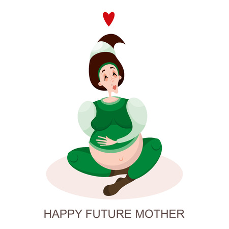 Happy waiting for the birth of a child. A young pregnant brunette woman is sitting in a green suit and woolen socks. Vector illustration in cartoon style.のイラスト素材