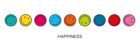 Flat linear design. Round multi-colored smiling smiles are rolling one after the other. Vector. The concept of happiness. Decorations for holidays, apps and web sites.のイラスト素材