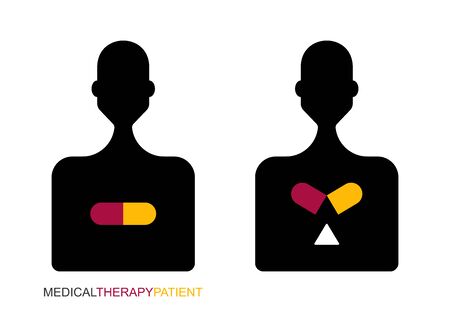 Flat linear design. Silhouette of a man with an open and closed capsule. Human icon for apps, web sites and public use. Patient, nurse, doctor. Vector illustration. Woman.のイラスト素材