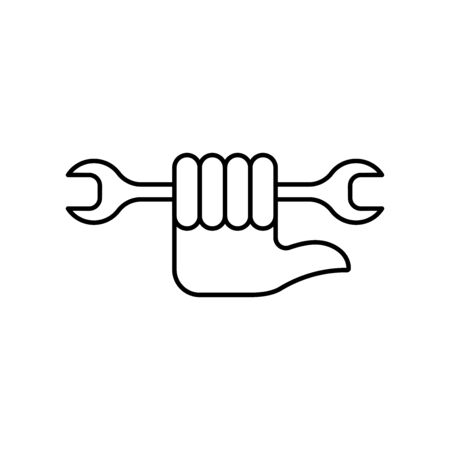 Flat linear design. Icon service or settings for mobile applications, web sites and public use. Vector illustration. Hand with a bent finger to the side and a wrench. Service key and hand.のイラスト素材