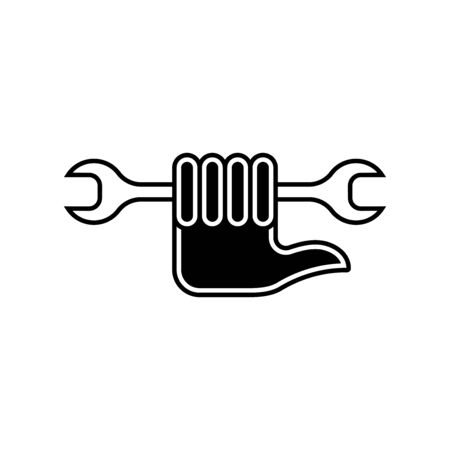 Flat linear design. Icon service or settings for mobile applications, web sites and public use. Vector illustration. Hand with a bent finger to the side and a wrench. Service key and hand.のイラスト素材
