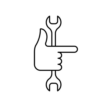 Flat linear design. Icon service or settings for mobile applications, web sites and public use. Vector illustration. Hand with a bent finger to the side and a wrench. Service key and hand.のイラスト素材