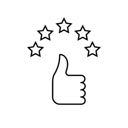 Flat linear design. Like icon and hand icon for mobile apps, web sites and public use. Vector illustration. A hand with a raised finger up and five stars.のイラスト素材